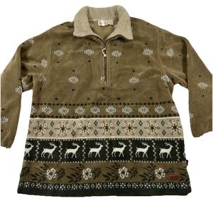 Woolrich Fleece Pullover Womens Medium Brown Aztec Deer Pattern Southwest Cozy